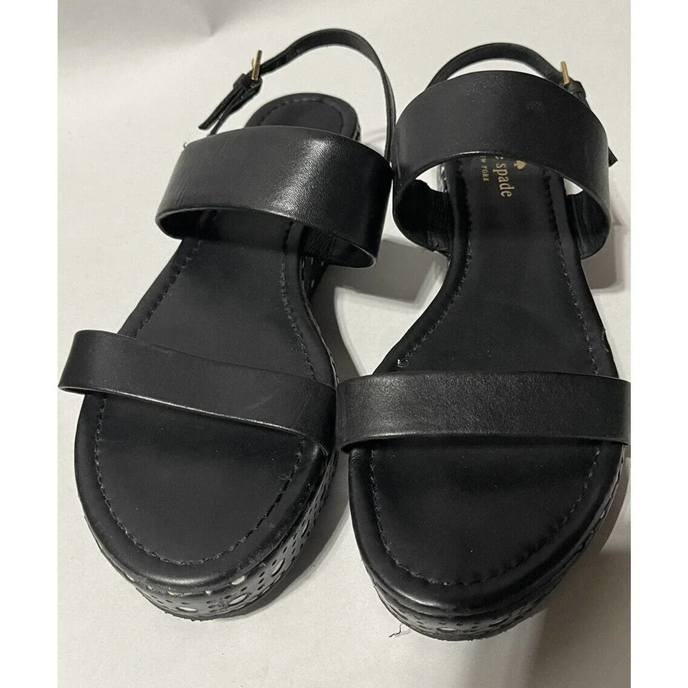 KATE SPADE black leather sandals with white‎ polka dot platforms size 8.5